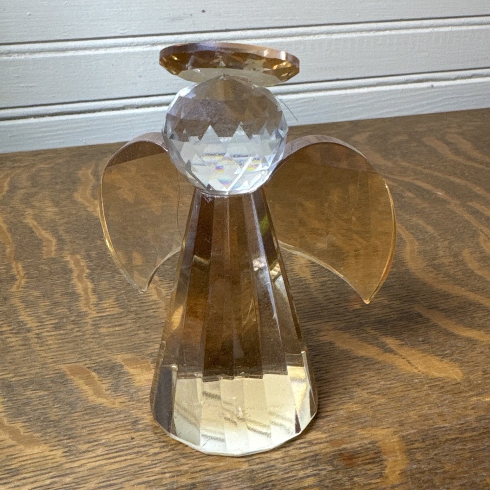 Simon Designs Crystal Angel Paperweight Clear & Amber Color Halo Wings